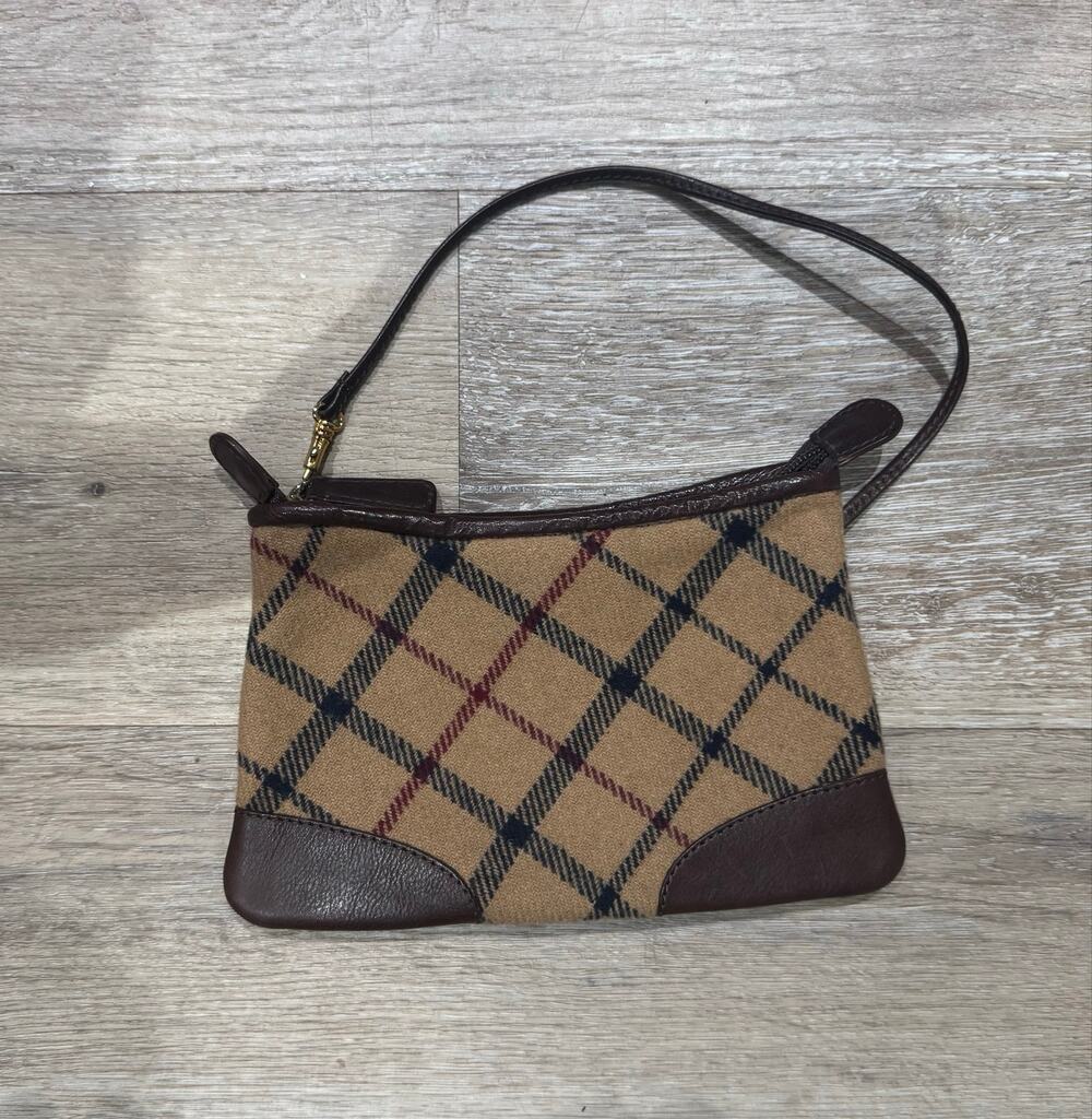 Brooks Brothers Plaid Wool Genuine Leather Wristlet Clutch Brown Tan